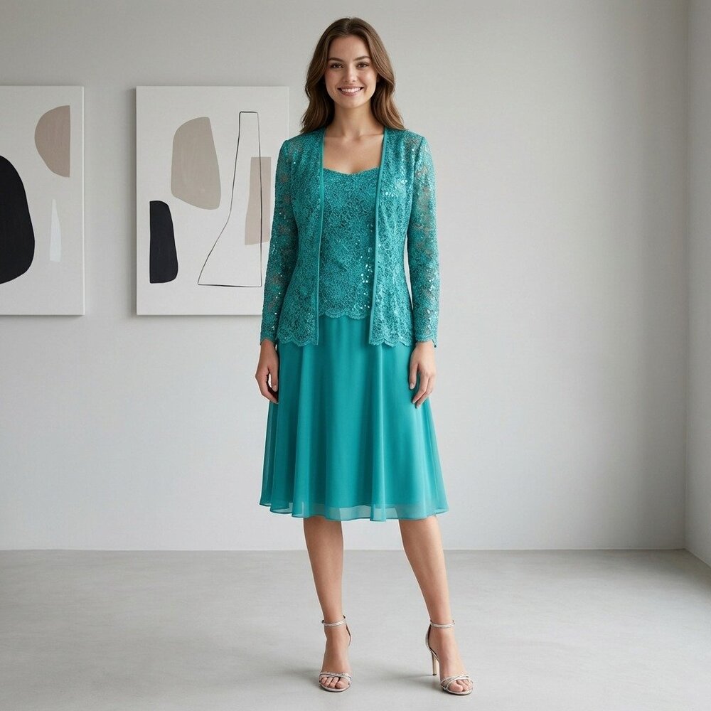 Eva USA Mother of Bride Groom Dress-Knee Length-#3171-SIZE L-JADE GREEN-NWTags
